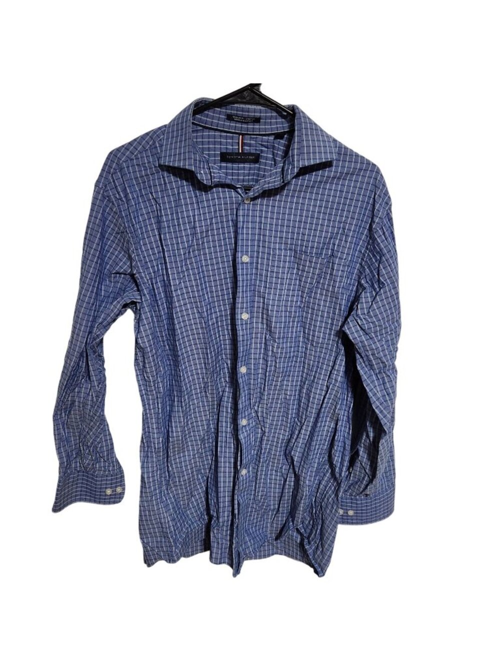 Tommy Hilfiger Button Up Shirt Mens Size Medium Blue Plaid Wrinkle Resistant
